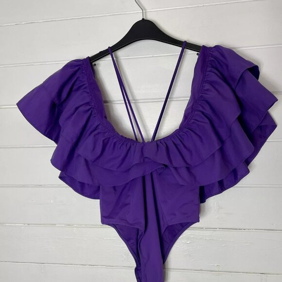 Zara Purple Frill One Piece Plunge Swimsuit Body Suit Swimming Costume S BNWT - Picture 9 of 11